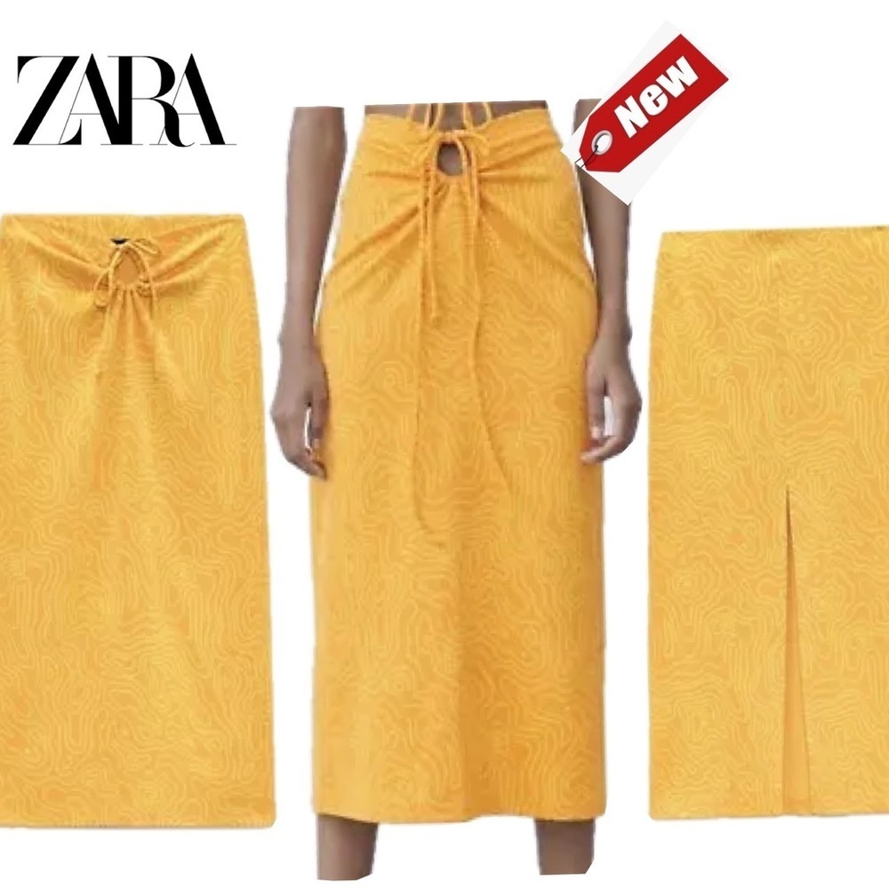 ZARA Womens Orange & Yellow Swirl Midi Skirt With Slit XS NWT